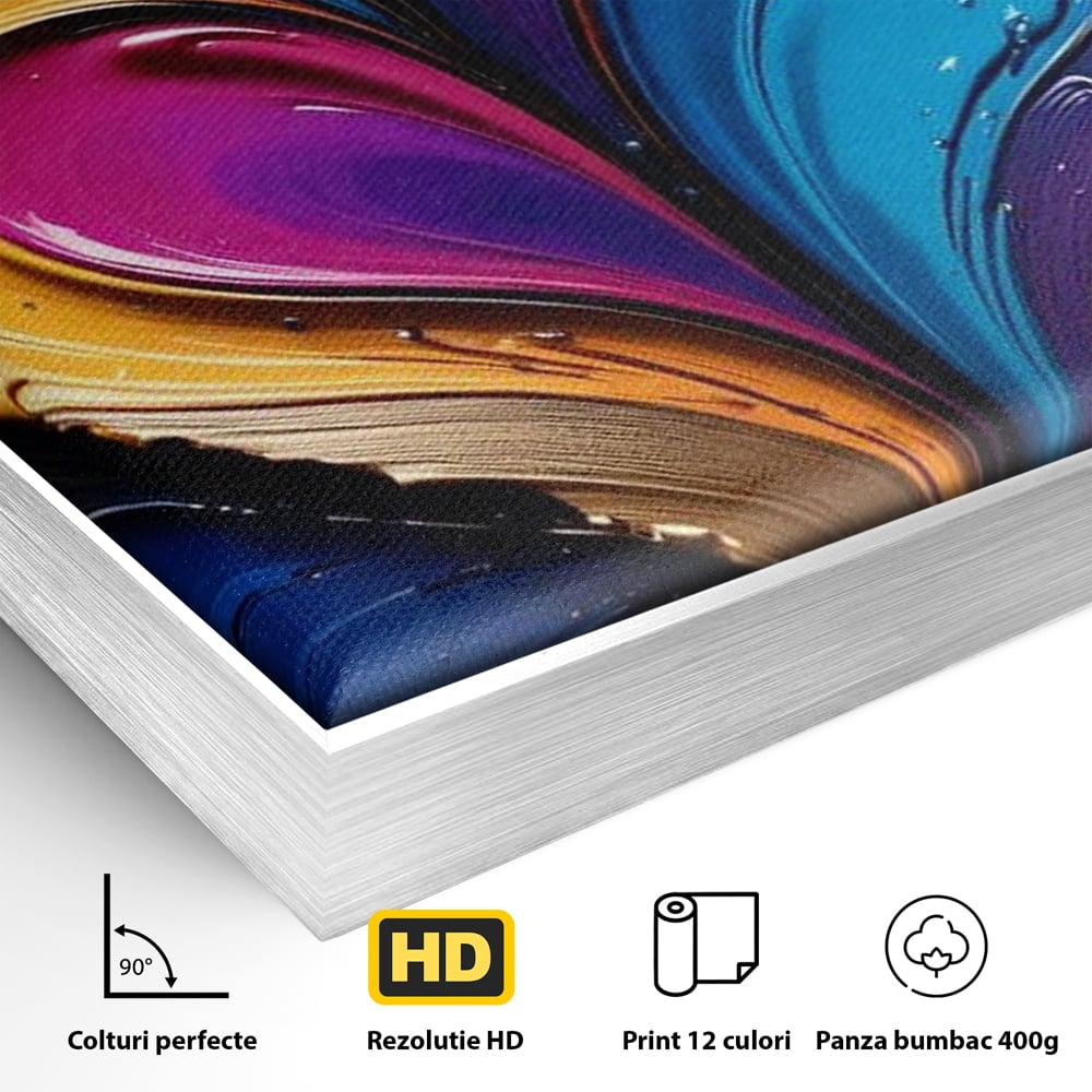Detaliu al suprafetei: pictura abstracta cu valuri colorate, in rama de aluminiu argintiu